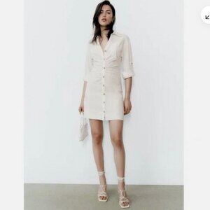 Zara NWT cream linen ruched dress XL NWT